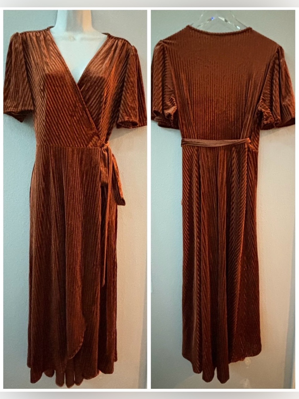 Simplee rust / orange pleated velvet wrap dress - size M